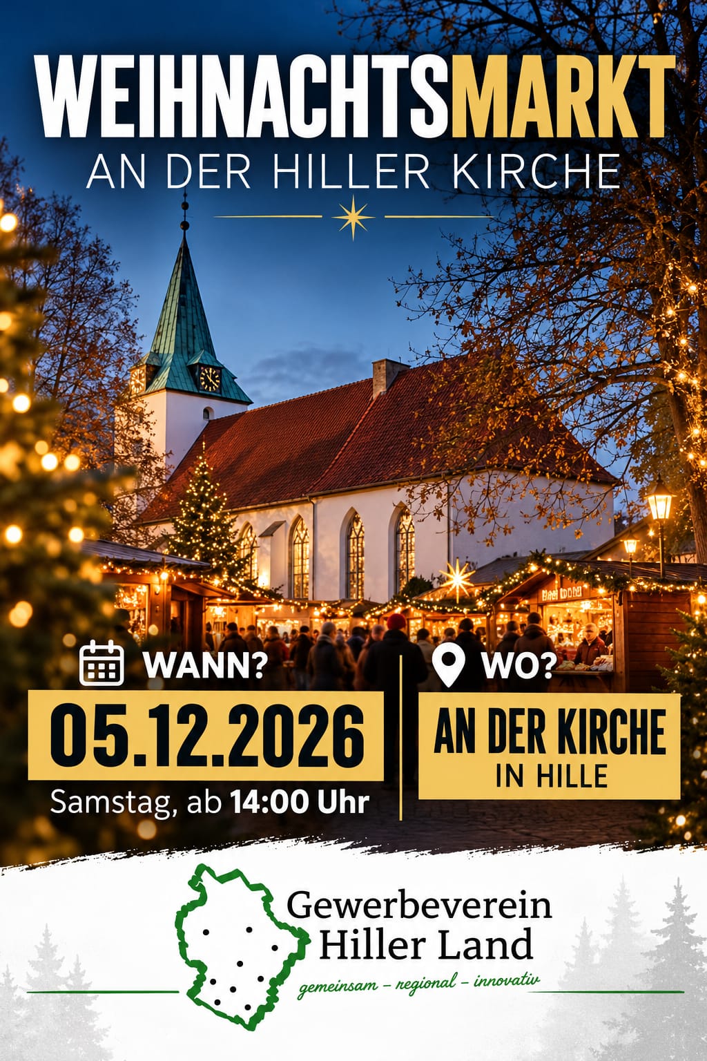 Plakat: Weihnachtsmarkt an der Hiller Kirche, Samstag, 5. Dezember 2026 ab 14 Uhr