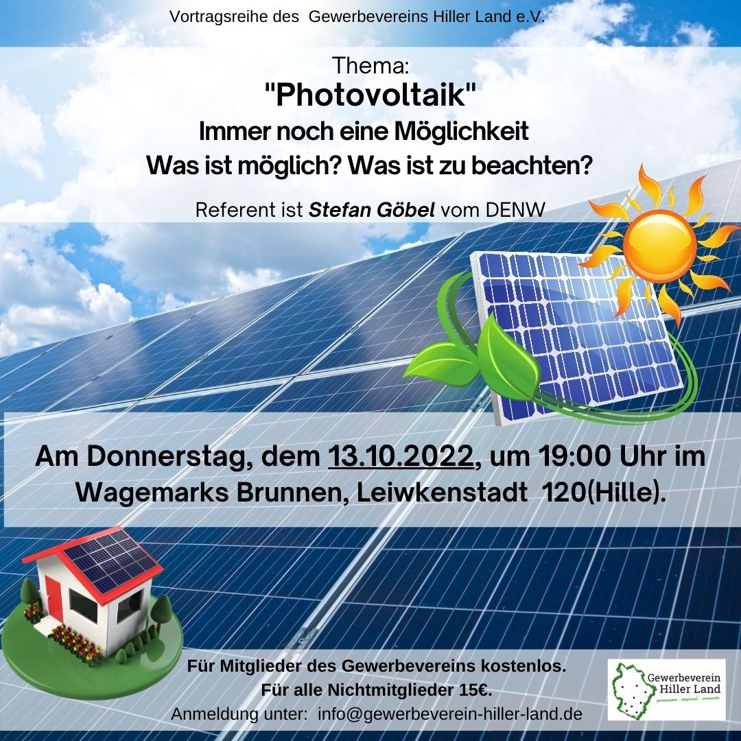 13.10.2022 Vortrag: „Photovoltaik – was ist möglich, was ist zu beachten?“
